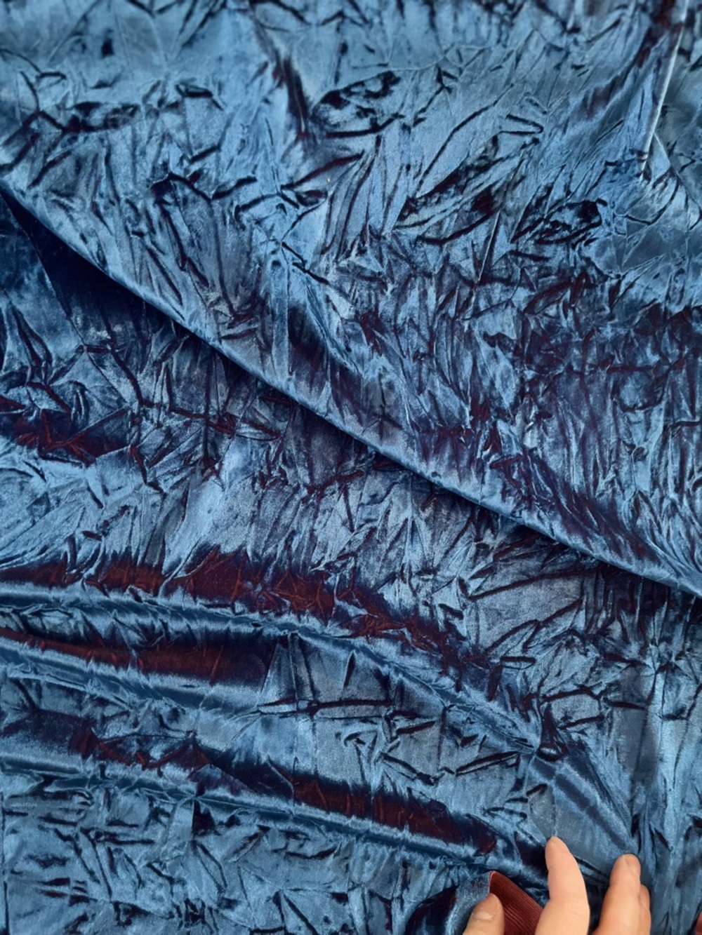 Crushed Stretch Velvet Fabric - Blue with Burgundy Accents - 4.3 yards